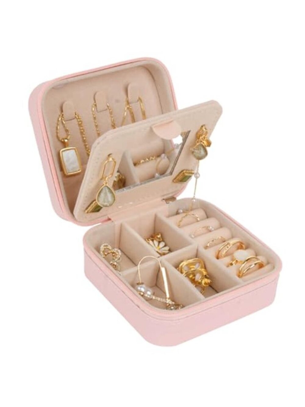 Pink Travel Jewelry Box Organizer with Mirror Faux Leather Women Girls Gift